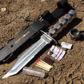 12" Hunting Survival Knives Bowie Knife Tactical Camping Fire Starter Kit Hard Sheath - Silver Tanto