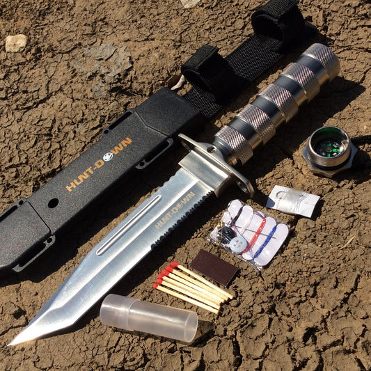 12" Hunting Survival Knives Bowie Knife Tactical Camping Fire Starter Kit Hard Sheath - Silver Tanto