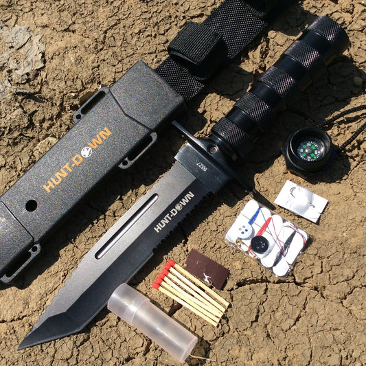 12" Hunting Survival Knives Bowie Knife Tactical Camping Fire Starter Kit Hard Sheath - Black Tanto