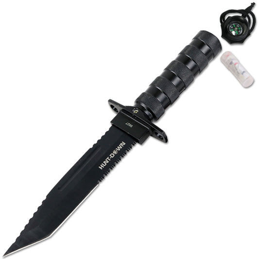 12" Hunting Survival Knives Bowie Knife Tactical Camping Fire Starter Kit Hard Sheath - Black Tanto