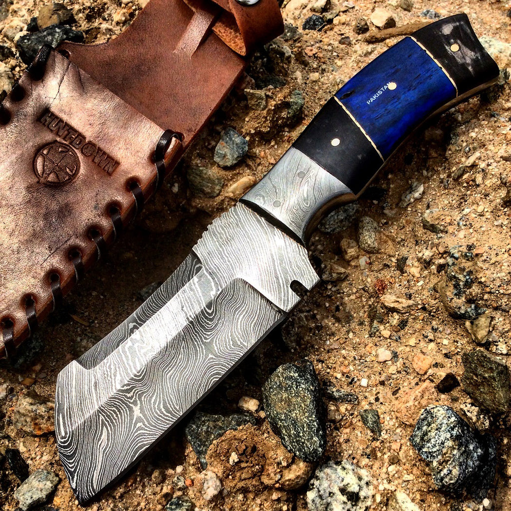 Hunt-Down 9" Damascus Blade Hunting Knife Horn Handle With Leather Sheath