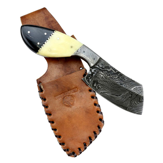 Hunt-Down 9" Damascus Blade Horn Handle Hunting Knife With Leather Sheath