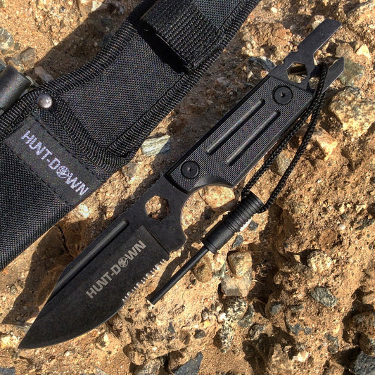 9.5" Full Tang Tactical Survival Hunting Knife with Fire Starter Multi Tool Handle Sheath - Black