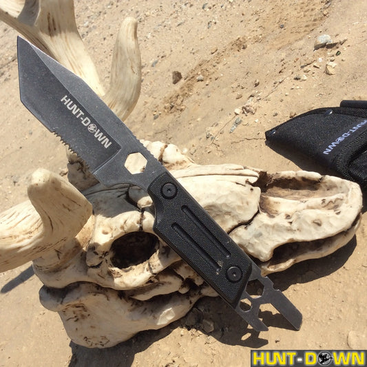 9.5" Full Tang Tactical Survival Hunting Knife with Fire Starter Multi Tool Handle Sheath - StoneWash