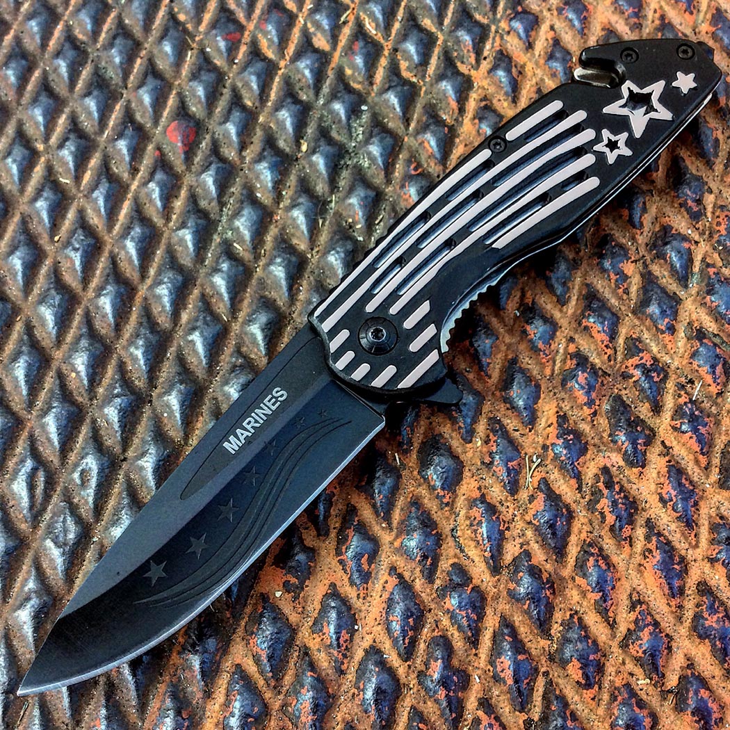 Defender 8.5" Star & Stripes Handle Spring Assisted Knife w/ Seatbelt Cutter