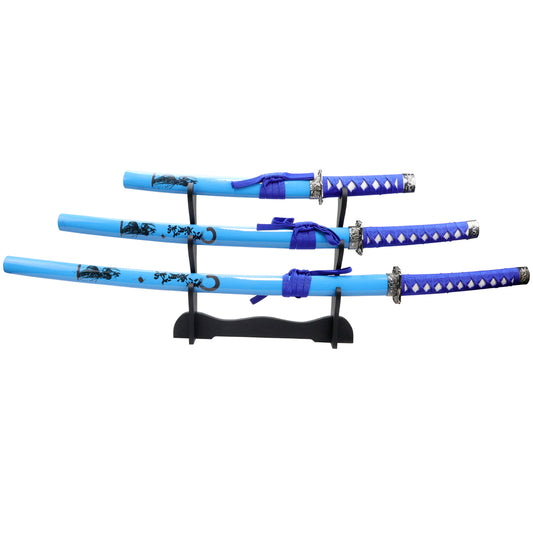 3pc Light Blue Samurai Sword Set Carbon Steel Blades with Stand Good Quality