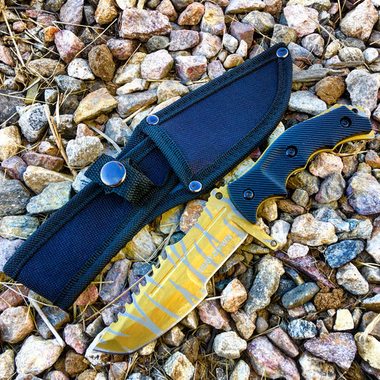 9.5" Full Tang Camping Tactical Knife Hunting Blade with Nylon Sheath Multi Color Blades - Gold