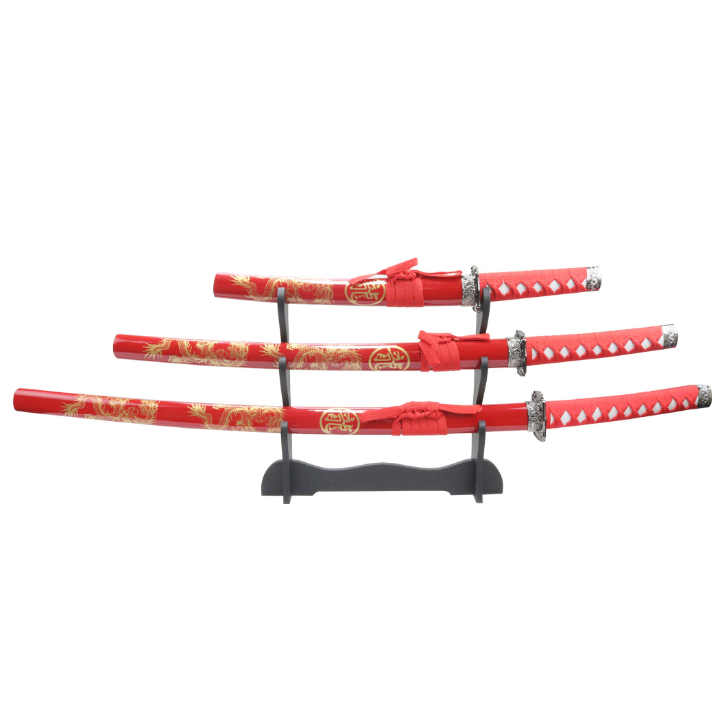 3pc Red Dragon Samurai Sword Set Carbon Steel Blades with Stand Good Quality