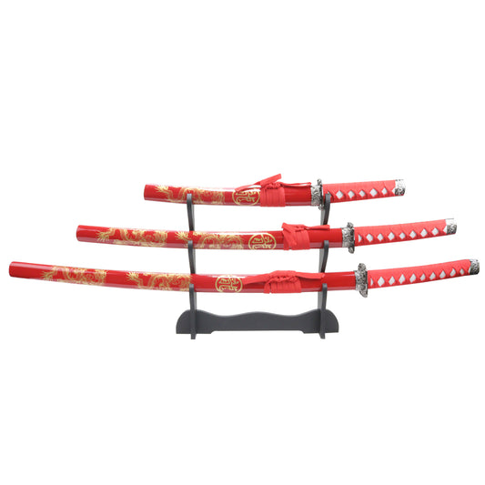 3pc Red Dragon Samurai Sword Set Carbon Steel Blades with Stand Good Quality