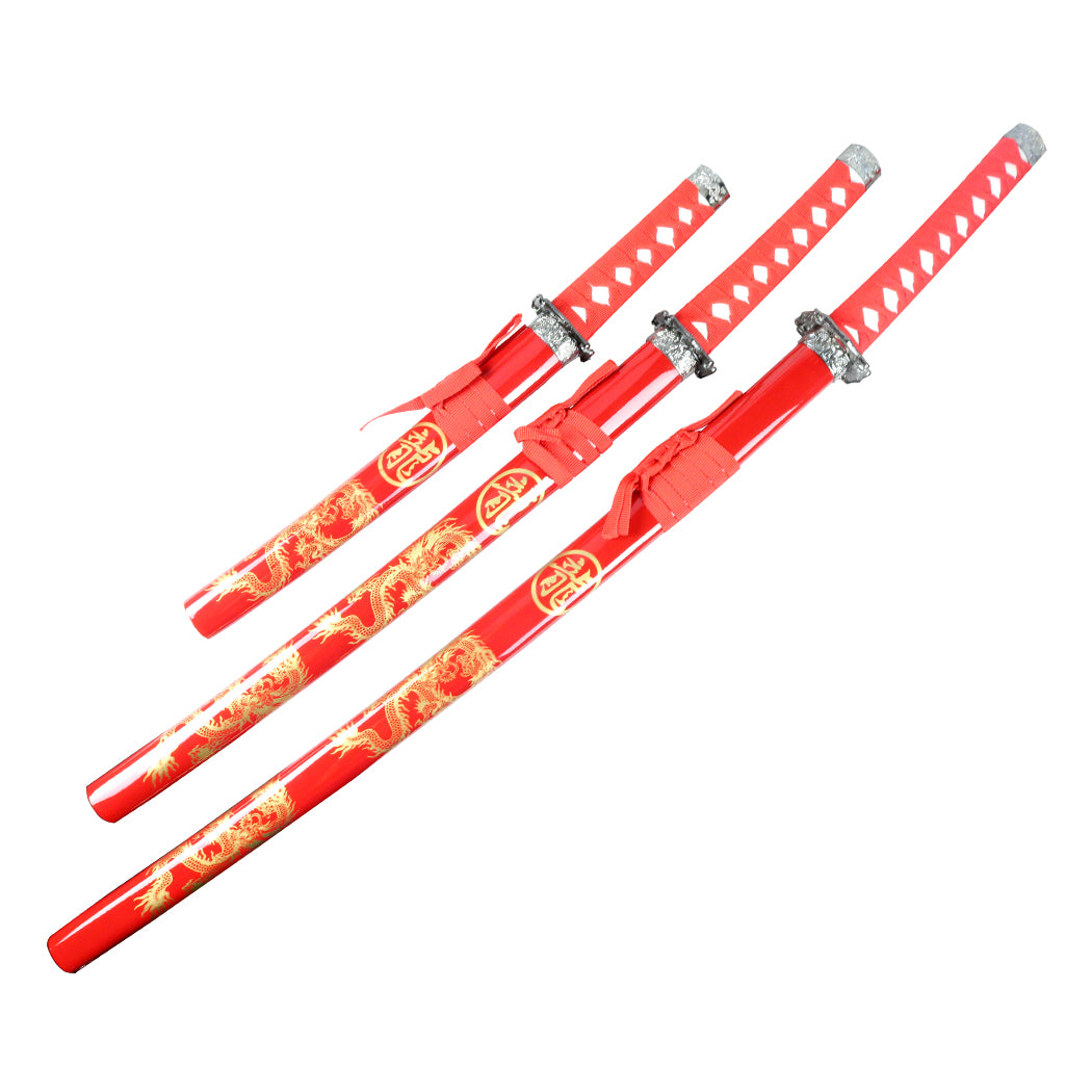 3pc Red Dragon Samurai Sword Set Carbon Steel Blades with Stand Good Quality