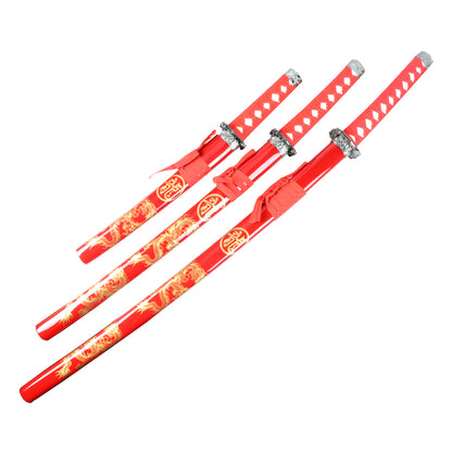 3pc Red Dragon Samurai Sword Set Carbon Steel Blades with Stand Good Quality