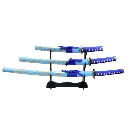 3pc Light Blue Dragon Sanurai Sword Set Carbon Steel Blades with Stand