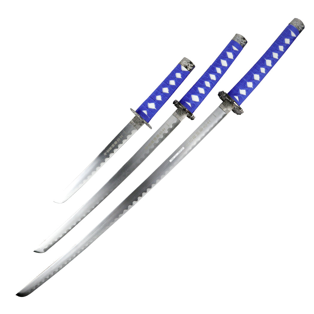 3pc Light Blue Dragon Sanurai Sword Set Carbon Steel Blades with Stand