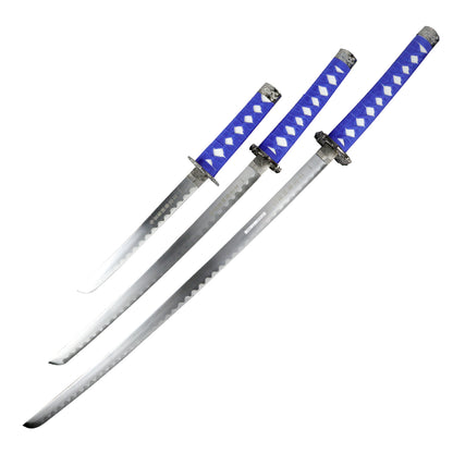 3pc Light Blue Dragon Sanurai Sword Set Carbon Steel Blades with Stand
