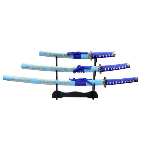 3pc Light Blue Dragon Sanurai Sword Set Carbon Steel Blades with Stand
