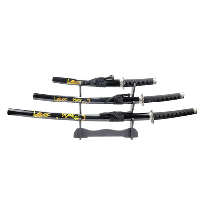 3pc Black Samurai Sword Set Carbon Steel Blades with Stand Good Quality New