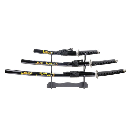 3pc Black Samurai Sword Set Carbon Steel Blades with Stand Good Quality New