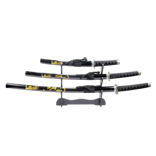 3pc Black Samurai Sword Set Carbon Steel Blades with Stand Good Quality New