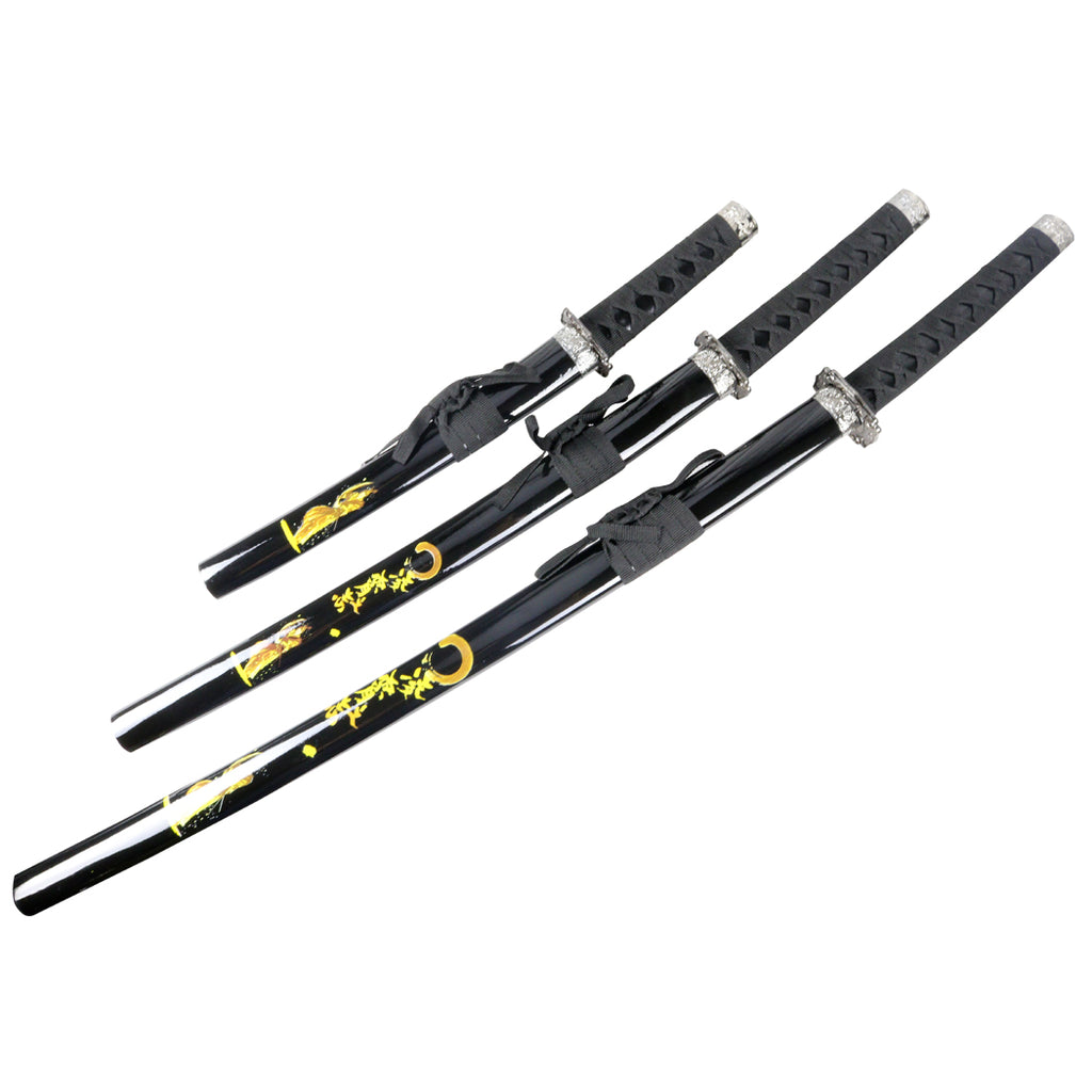3pc Black Samurai Sword Set Carbon Steel Blades with Stand Good Quality New