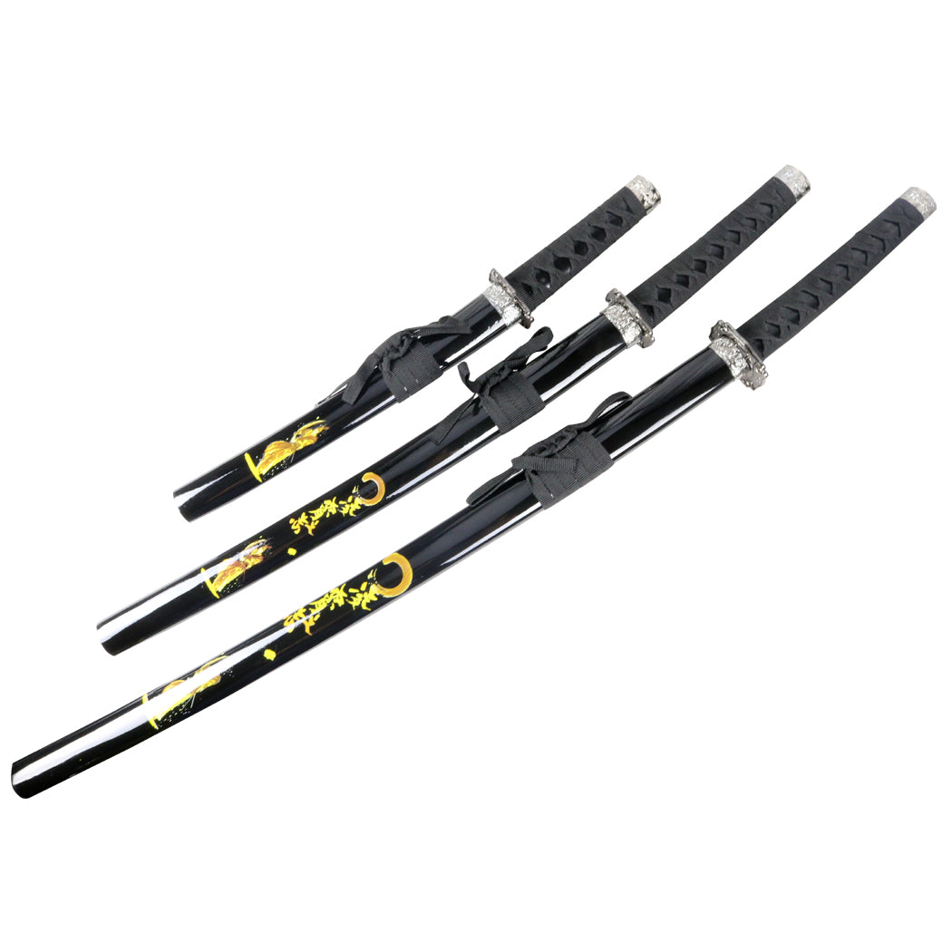 3pc Black Samurai Sword Set Carbon Steel Blades with Stand Good Quality New