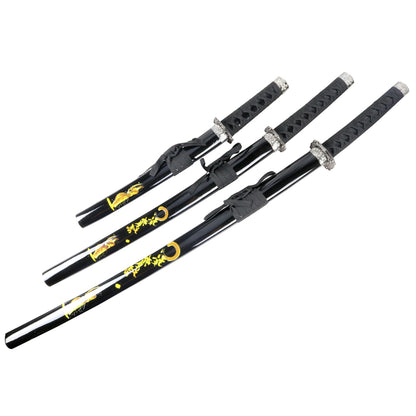 3pc Black Samurai Sword Set Carbon Steel Blades with Stand Good Quality New