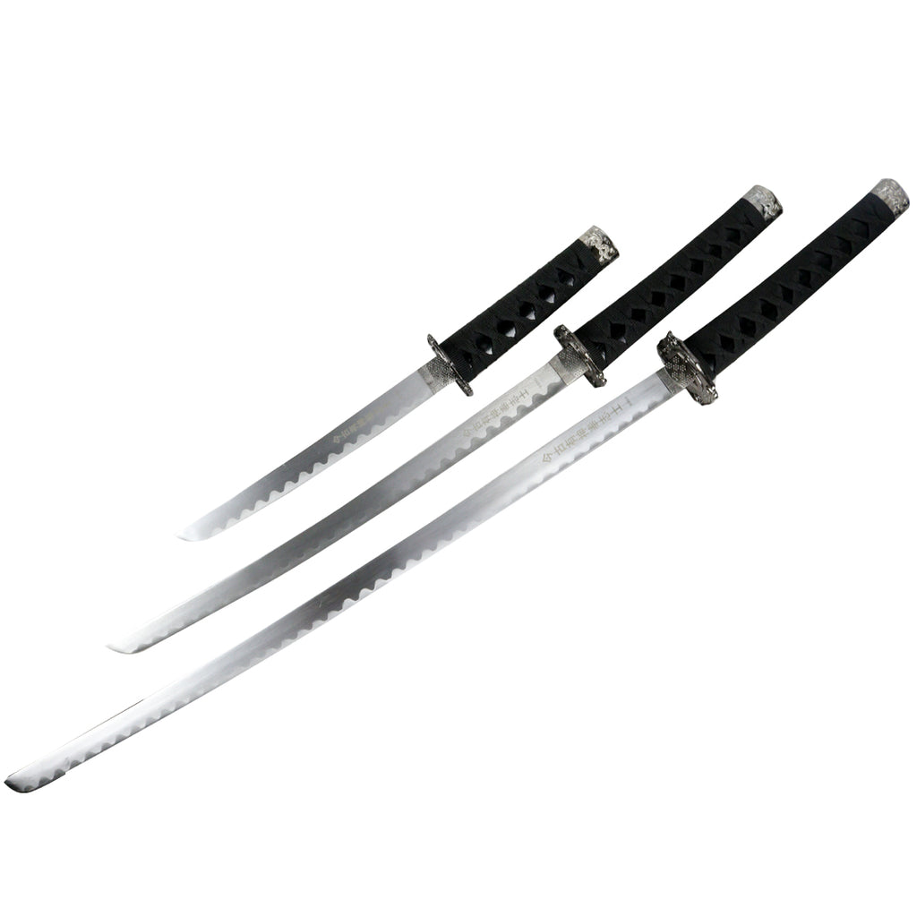 3pc Black Samurai Sword Set Carbon Steel Blades with Stand Good Quality New