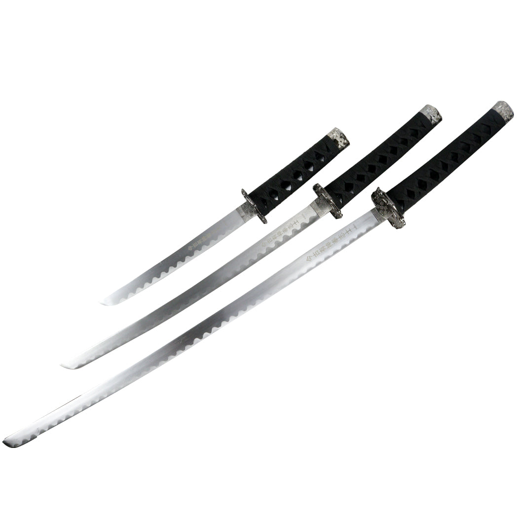 3pc Black Samurai Sword Set Carbon Steel Blades with Stand Good Quality New