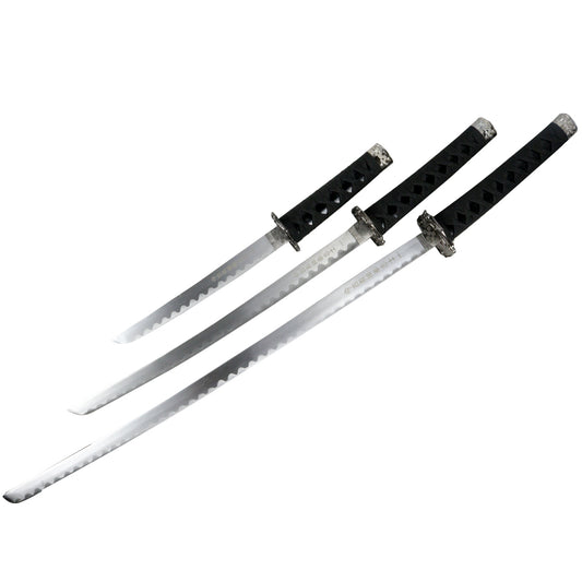 3pc Black Samurai Sword Set Carbon Steel Blades with Stand Good Quality New