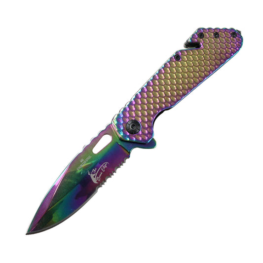 8.5" Rainbow Spring Assisted Folding Knife With Belt Cutter & Glass Breaker