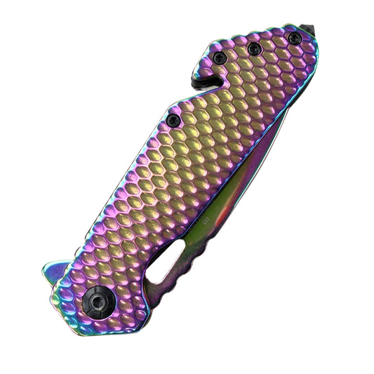8.5" Rainbow Spring Assisted Folding Knife With Belt Cutter & Glass Breaker