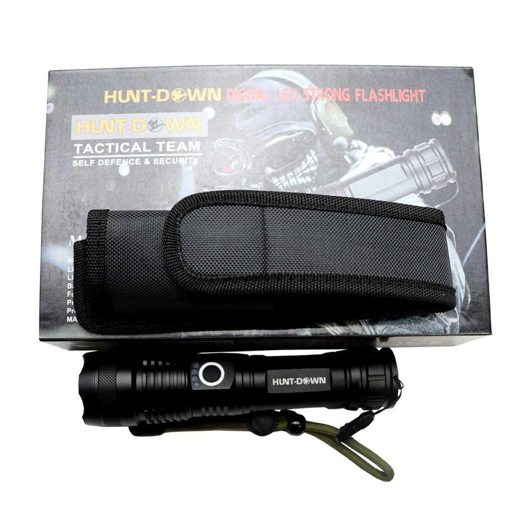 Hunt-Down 1000 Lumens Top Bright Focus High Powered Self-Defence Black Flashlight
