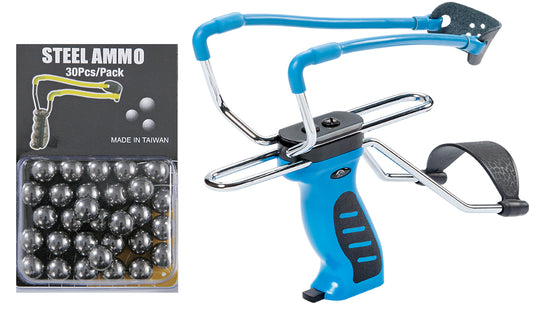 High Velocity SlingShot Hunting Package  30pc Metal Ammo Auto Feed System Blue