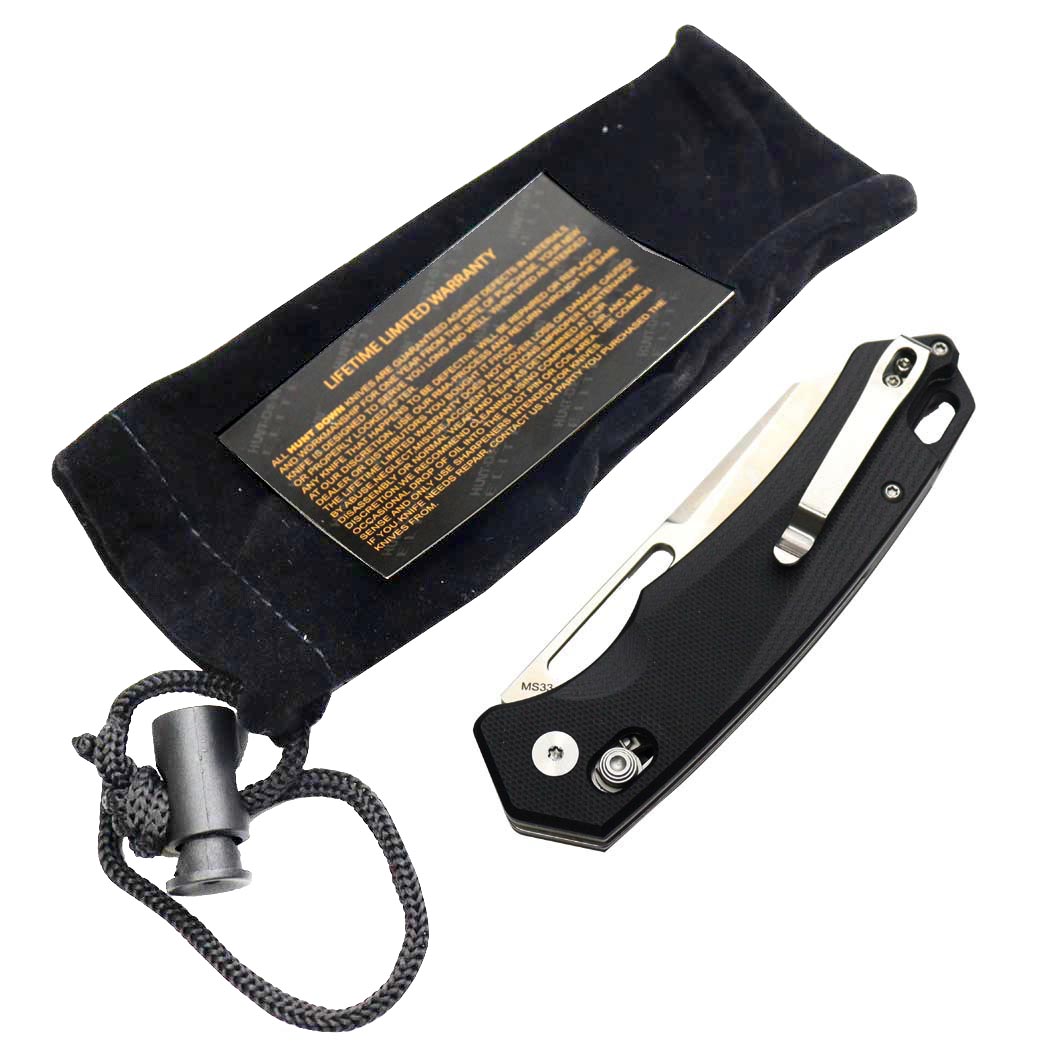 Hunt-Down 8" Ball Bearing Folding Knife G10 Black Handle With Pouch