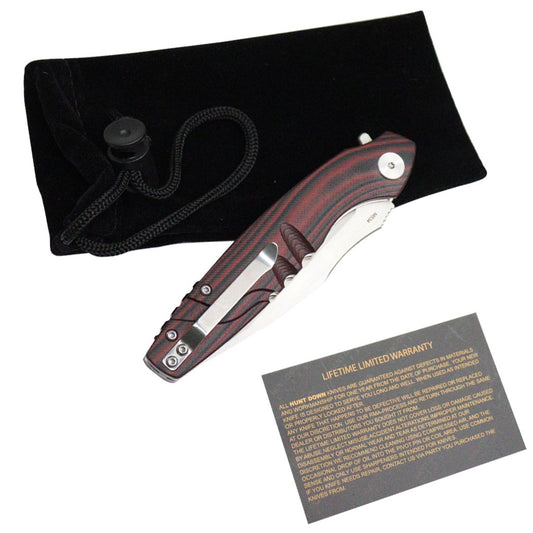 Hunt-Down 8" Black & Red G10 Handle Ball Bearing Folding Knife D2 Steel With Box