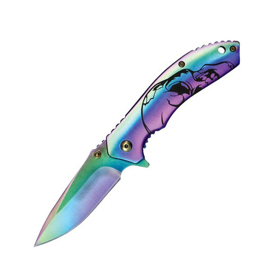 7.75" Skull Design Handle Rainbow Color Ball Bearing Folding Knife With Clip