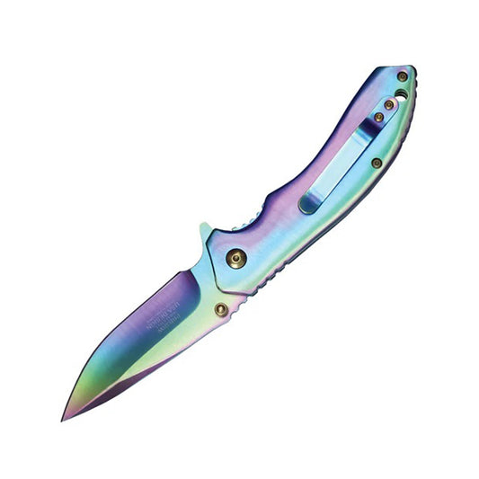 7.75" Skull Design Handle Rainbow Color Ball Bearing Folding Knife With Clip