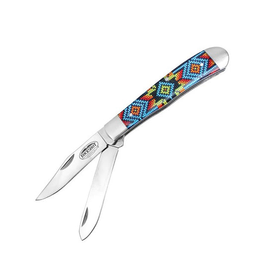 7.5" Ganado Tribal Print Handle Dual-Blade Steel Bolster Pocket Folding Knife