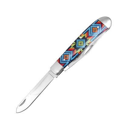 7.5" Ganado Tribal Print Handle Dual-Blade Steel Bolster Pocket Folding Knife