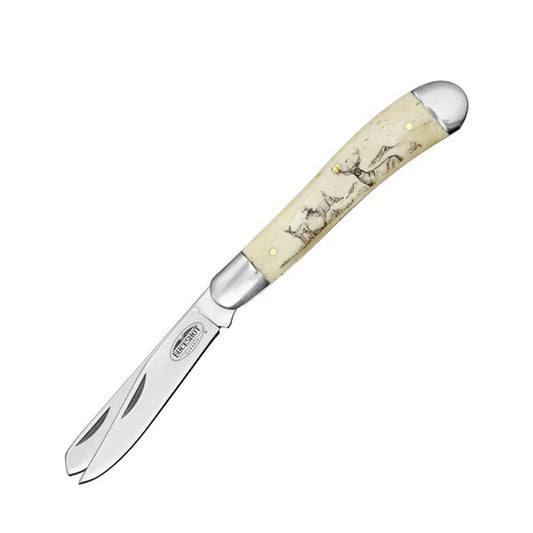 7" Faux Wild Deer Bone Handle Dual-Blade Steel Bolster Pocket Folding Knife