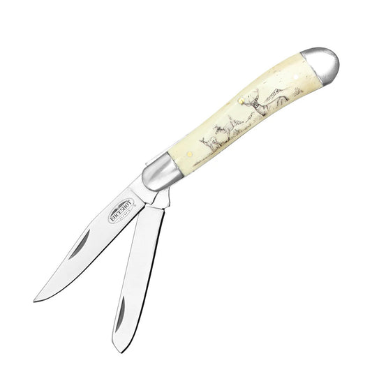 7" Faux Wild Deer Bone Handle Dual-Blade Steel Bolster Pocket Folding Knife