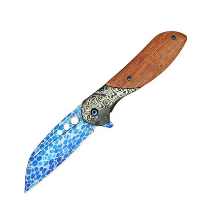 8.25" Blue Etched Blade Damascus Bolster Wood Handle Spring Assisted Pocket Folding Knife With Belt Clip