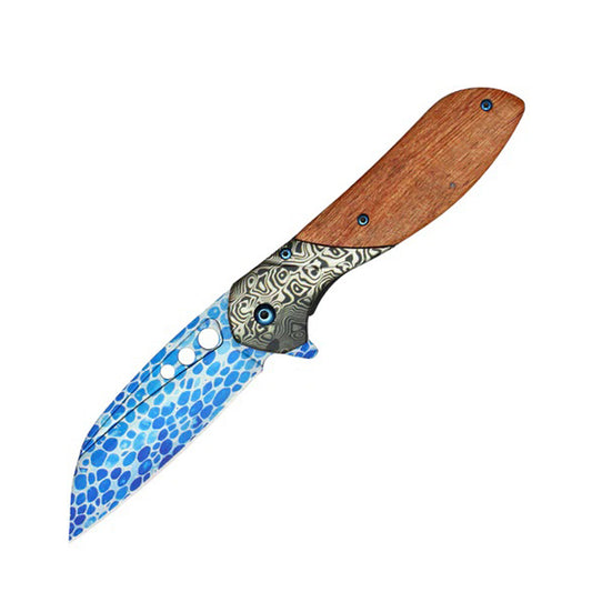 8.25" Blue Etched Blade Damascus Bolster Wood Handle Spring Assisted Pocket Folding Knife With Belt Clip