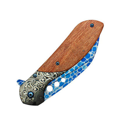 8.25" Blue Etched Blade Damascus Bolster Wood Handle Spring Assisted Pocket Folding Knife With Belt Clip
