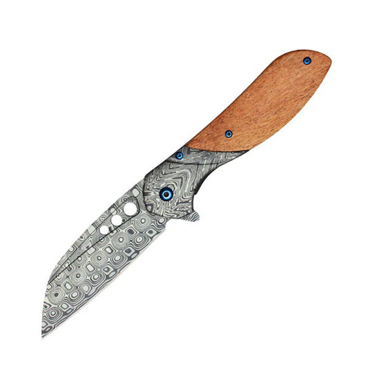 8.25" Damascus Etched Blade Wood Handle Spring Assisted Pocket Folding Knife With Belt Clip