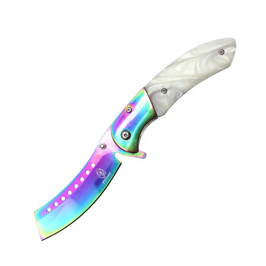 8" Rainbow Blade & Bolster White Pearl Handle Spring Assisted Folding Pocket Knife 