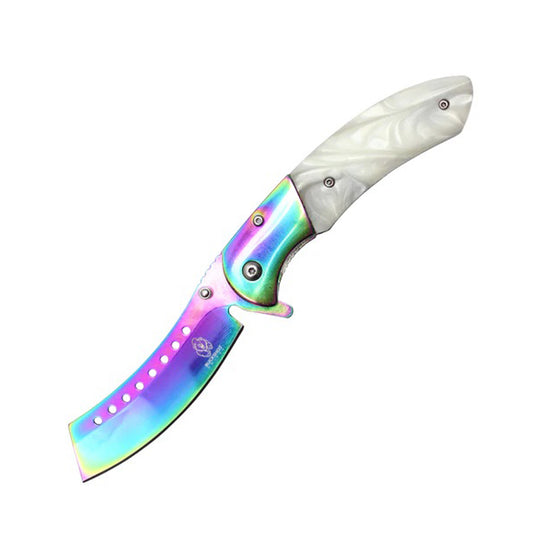 8" Rainbow Blade & Bolster White Pearl Handle Spring Assisted Folding Pocket Knife 