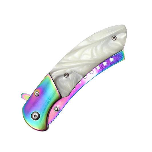 8" Rainbow Blade & Bolster White Pearl Handle Spring Assisted Folding Pocket Knife 