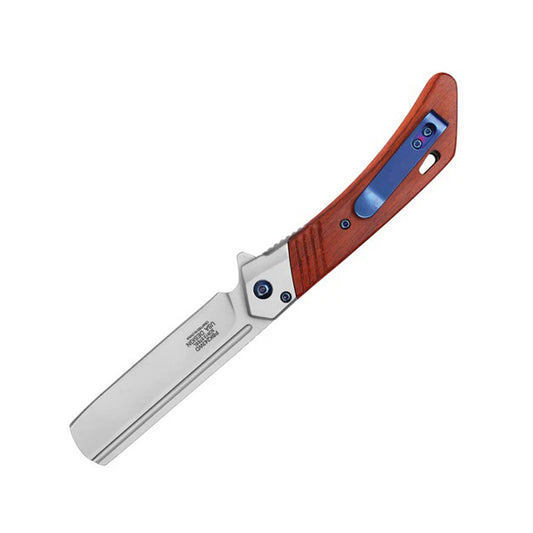 8" Polished Red Wood Handle Stainless Steel Blade Folding Pocket Knife With Belt Clip