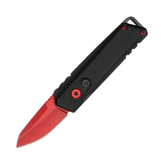 5" Red Blade Aluminum Handle Push Button Folding Knife With Belt Clip
