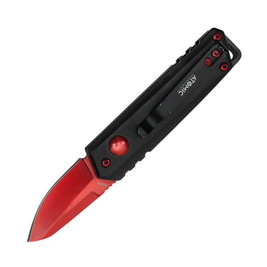 5" Red Blade Aluminum Handle Push Button Folding Knife With Belt Clip
